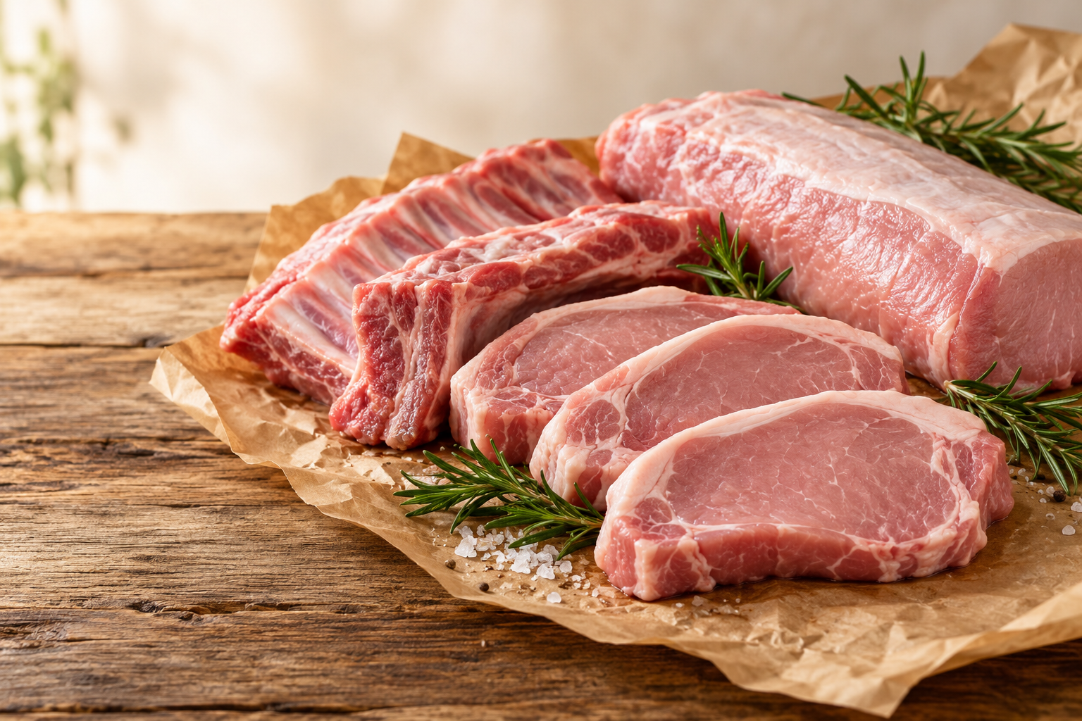 Selección de chuletas, lomo y costilla de cerdo
